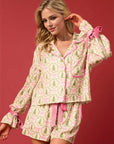 Tied Printed Collared Neck Long Sleeve Top and Shorts Set