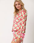 Tied Printed Collared Neck Long Sleeve Top and Shorts Set