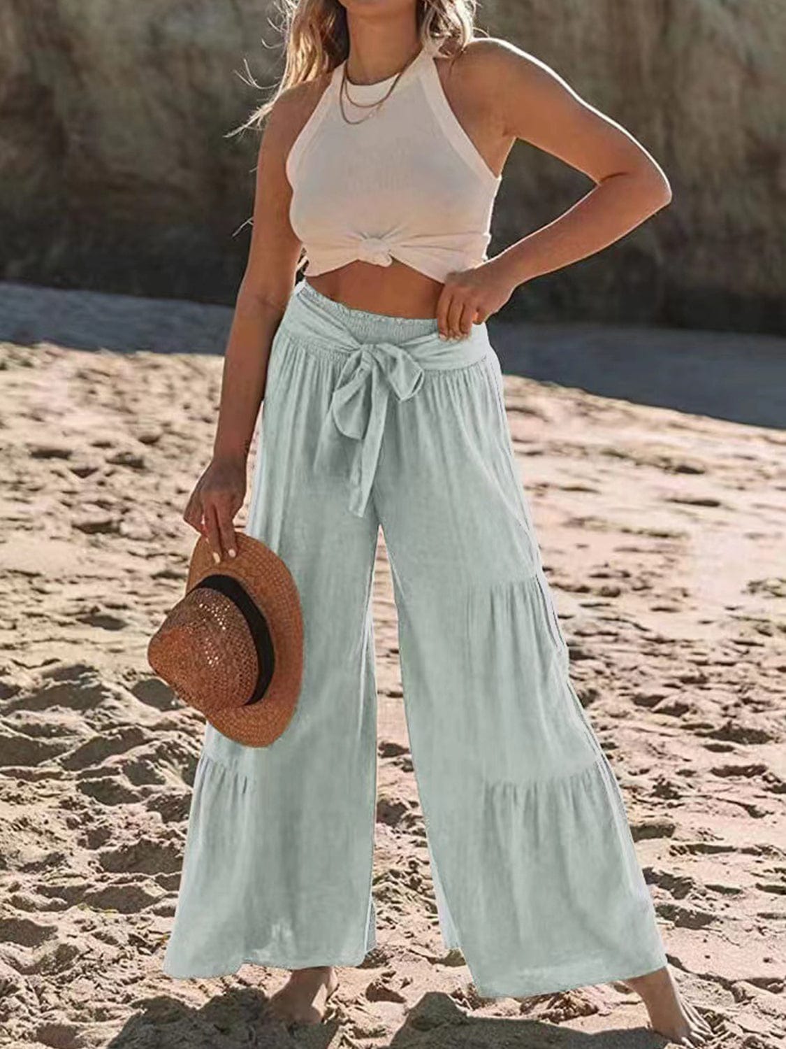 Dark Gray Tied Ruched Wide Leg Pants