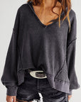 Waffle-Knit Notched Long Sleeve Sweatshirt