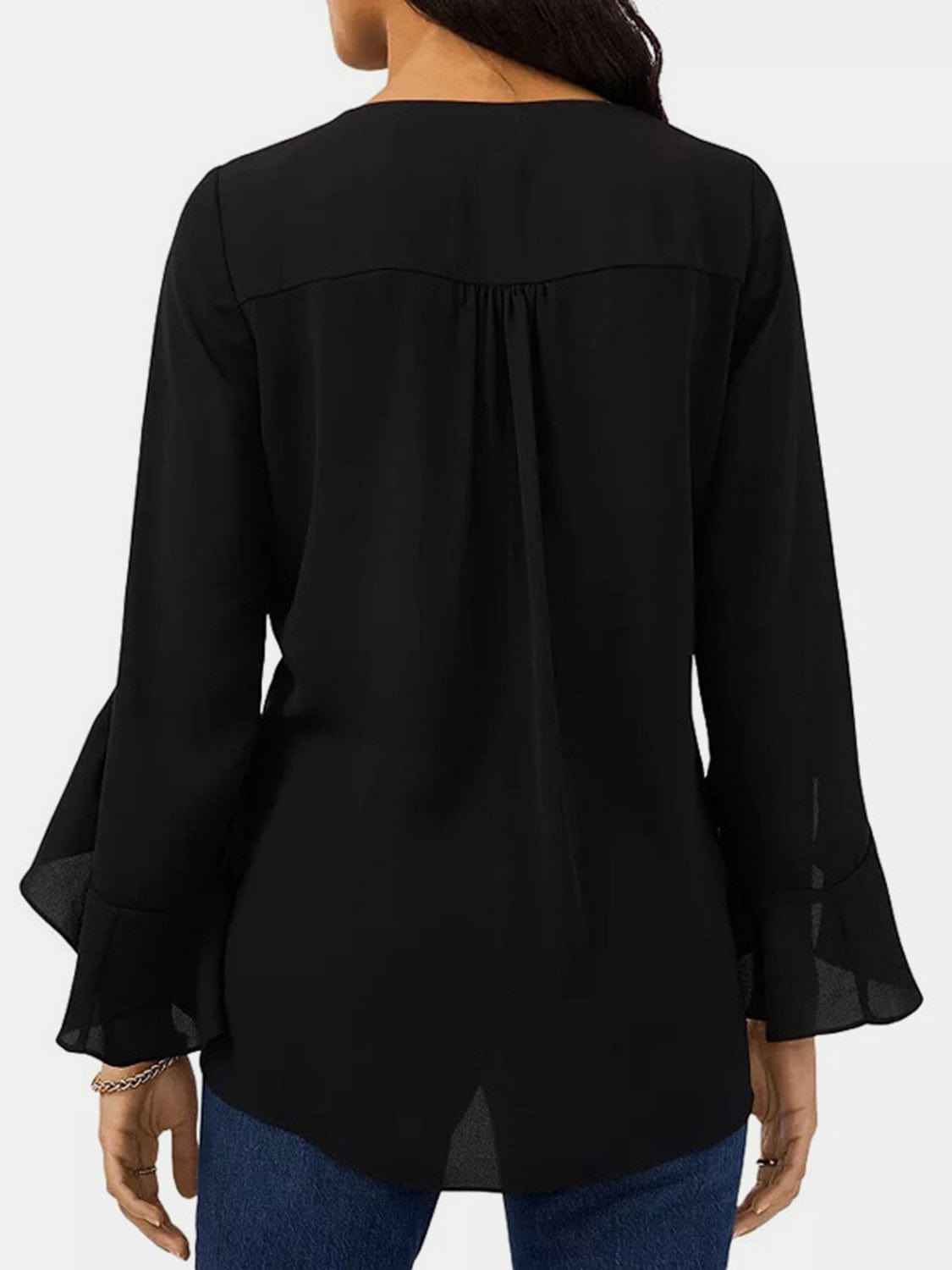 Black V-Neck Flounce Sleeve Blouse