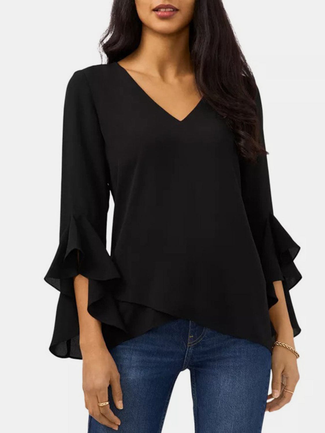 Black V-Neck Flounce Sleeve Blouse