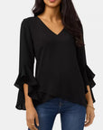 Black V-Neck Flounce Sleeve Blouse