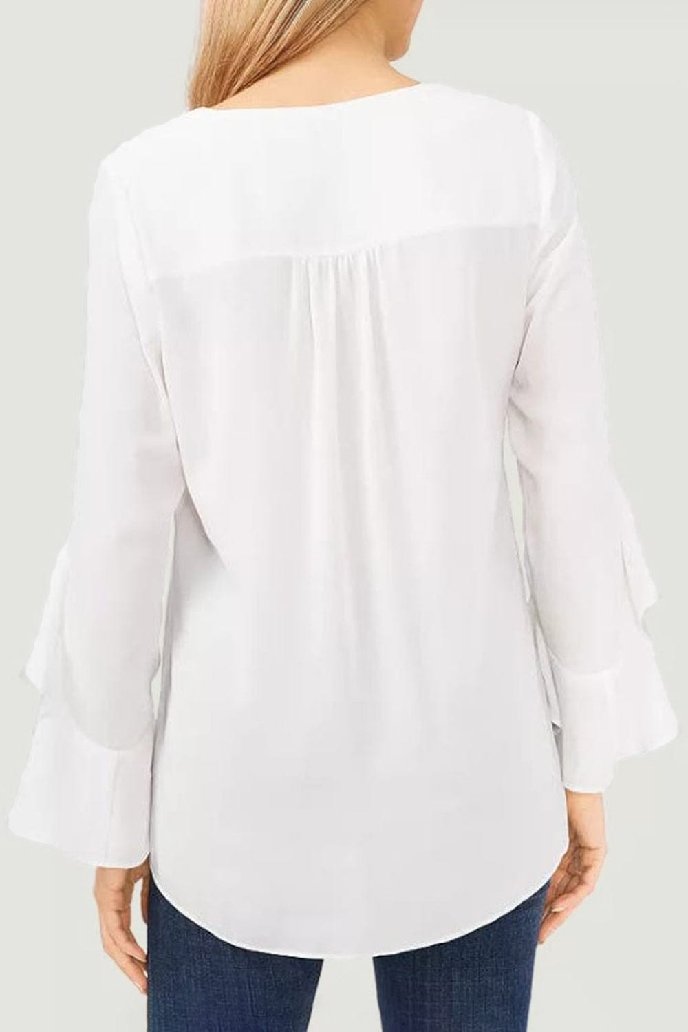 Beige V-Neck Flounce Sleeve Blouse