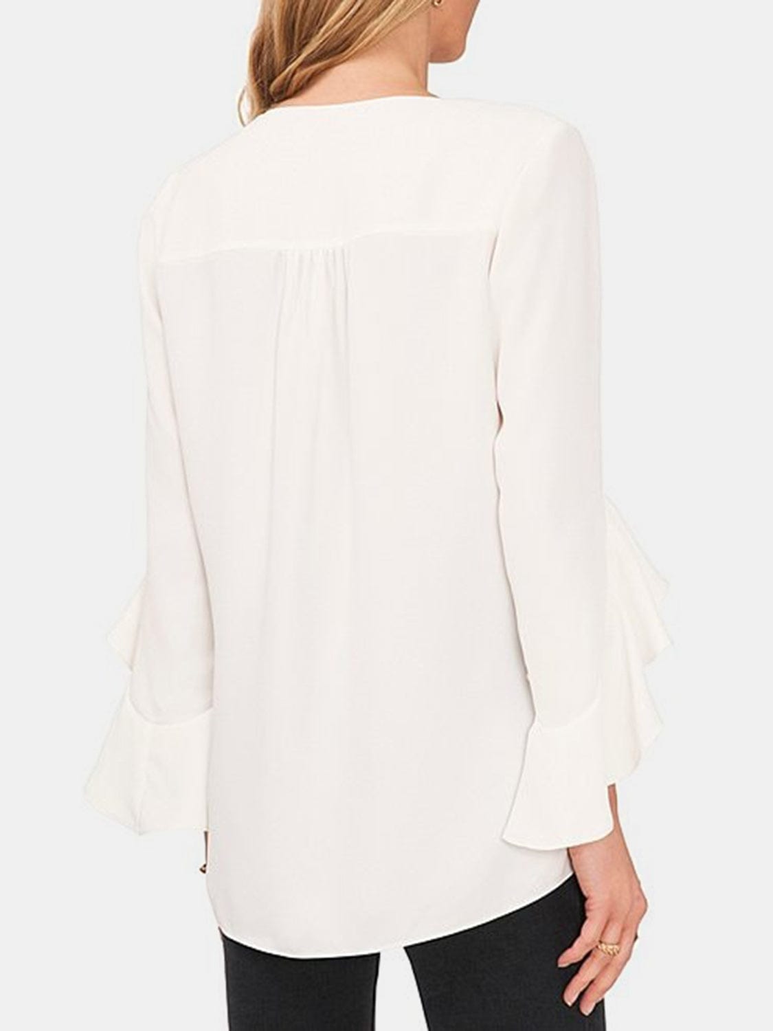 White Smoke V-Neck Flounce Sleeve Blouse