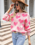 Angel Wings Round Neck Dropped Shoulder Sweater with Heart Pattern