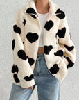 Heart Zip Up Drop Shoulder Furry Jacket