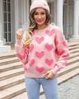 Angel Wings Round Neck Dropped Shoulder Sweater with Heart Pattern