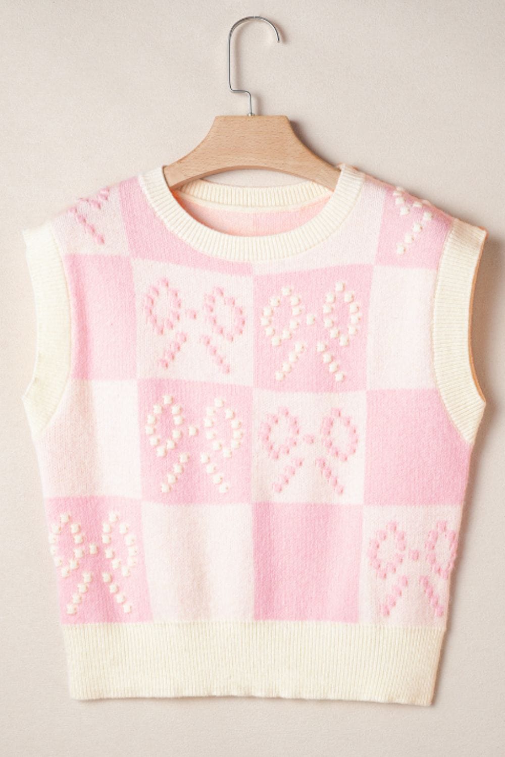 Bow Checkered Round Neck Sweater Vest