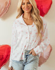 Heart Print Collared Neck Long Sleeve Shirt