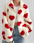 Heart Zip Up Drop Shoulder Furry Jacket