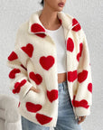 Heart Zip Up Drop Shoulder Furry Jacket