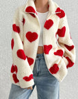 Heart Zip Up Drop Shoulder Furry Jacket