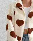 Heart Zip Up Drop Shoulder Furry Jacket