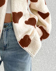 Heart Zip Up Drop Shoulder Furry Jacket