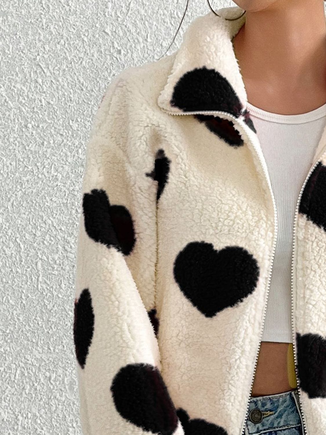 Heart Zip Up Drop Shoulder Furry Jacket