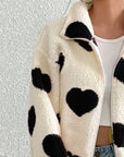 Heart Zip Up Drop Shoulder Furry Jacket