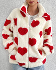 Heart Zip Up Drop Shoulder Furry Jacket