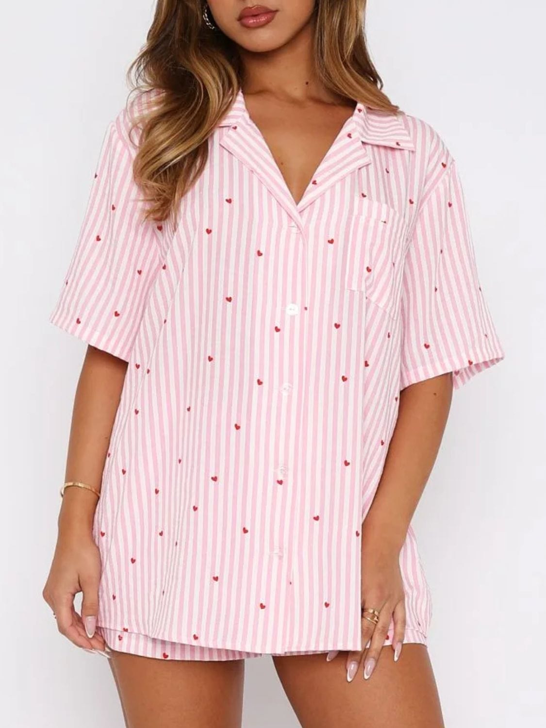 Valentine&#39;s Day Printed Collared Neck Short Sleeve Top and Shorts Set