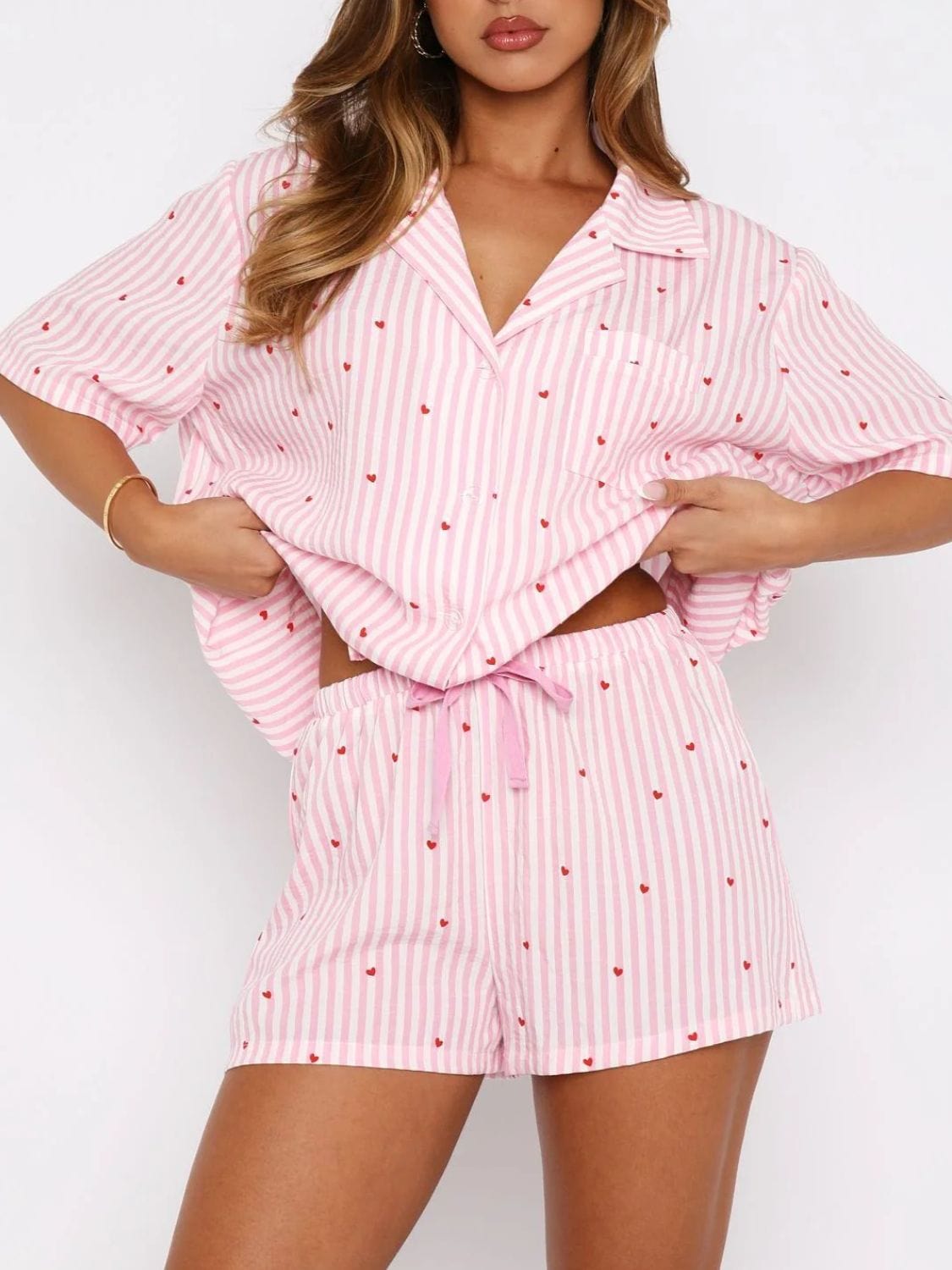 Valentine&#39;s Day Printed Collared Neck Short Sleeve Top and Shorts Set