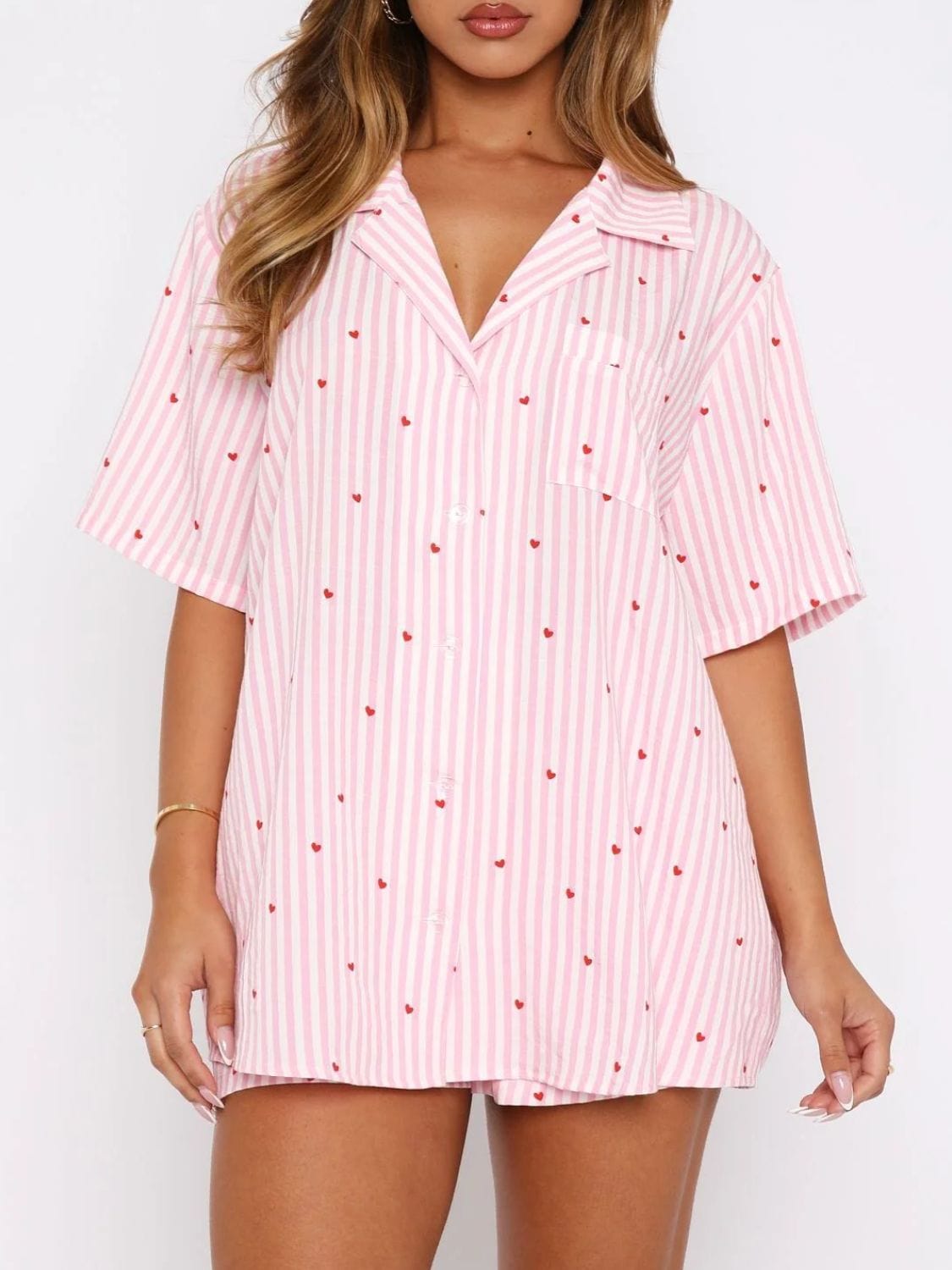 Valentine&#39;s Day Printed Collared Neck Short Sleeve Top and Shorts Set