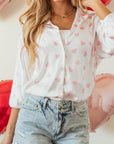 Heart Print Collared Neck Long Sleeve Shirt