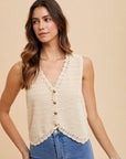 Annie Wear Crochet Trim Button Down Sweater Vest