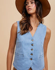 Annie Wear Button Down V-Neck Denim Vest