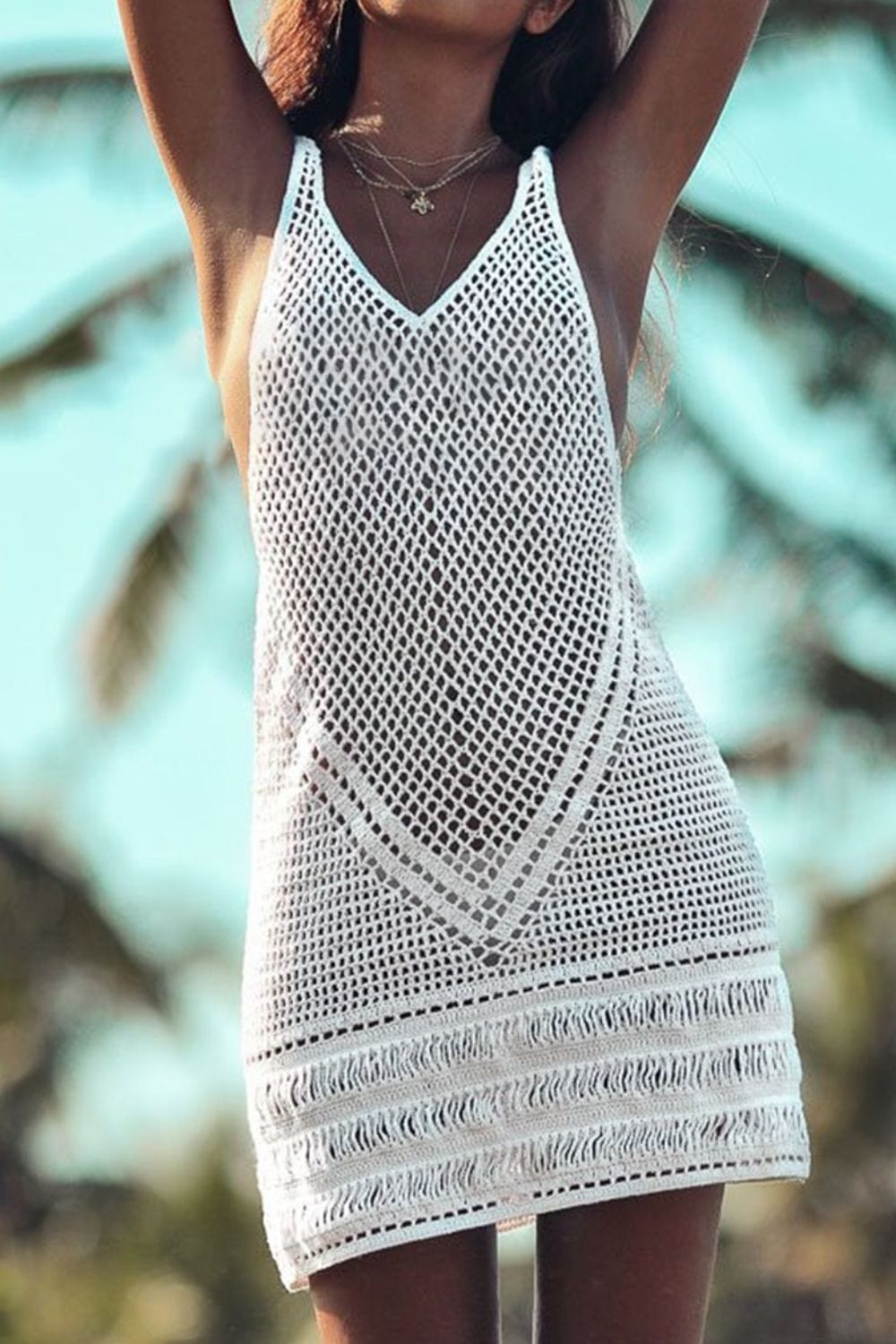 Gray Double Take Openwork V-Neck Tank Knit Cover Up