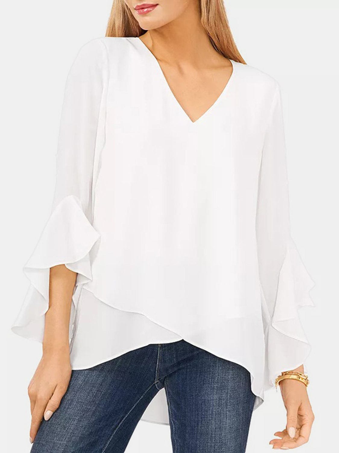 Beige V-Neck Flounce Sleeve Blouse