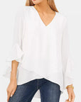 Beige V-Neck Flounce Sleeve Blouse