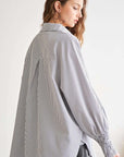 ADORA High-Low Striped Button Down Smocked Lantern Sleeve Shirt