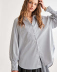 ADORA High-Low Striped Button Down Smocked Lantern Sleeve Shirt