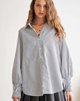 ADORA High-Low Striped Button Down Smocked Lantern Sleeve Shirt