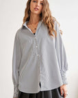 ADORA High-Low Striped Button Down Smocked Lantern Sleeve Shirt