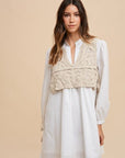 Annie Wear Crochet Vest Notched Long Sleeve Shirt Dress