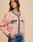 Annie Wear Floral Jacquard Denim Contrast Button Down Jacket