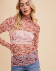 Annie Wear Floral Lettuce Hem Sheer Mesh Top