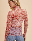 Annie Wear Floral Lettuce Hem Sheer Mesh Top