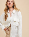 Annie Wear Openwork Button Down Drop Shoulder Shirt