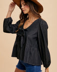 Annie Wear Tie Front Peplum Long Sleeve Denim Top