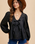 Annie Wear Tie Front Peplum Long Sleeve Denim Top