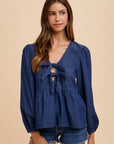 Annie Wear Tie Front Peplum Long Sleeve Denim Top