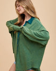 Annie Wear Waffle-Knit Mineral Washed Button Down Shirt