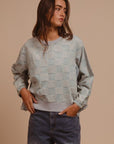 BiBi Mineral Washed Checkered Round Neck Denim Top