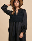 Annie Wear Crochet Vest Notched Long Sleeve Shirt Dress