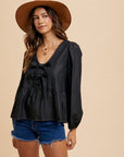 Annie Wear Tie Front Peplum Long Sleeve Denim Top