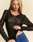 Davi & Dani Bow Mesh Round Neck Long Sleeve Top