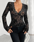 Floral V-Neck Long Sleeve Lace Top