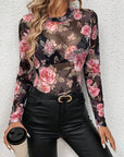 Mesh Floral Mock Neck Long Sleeve Top